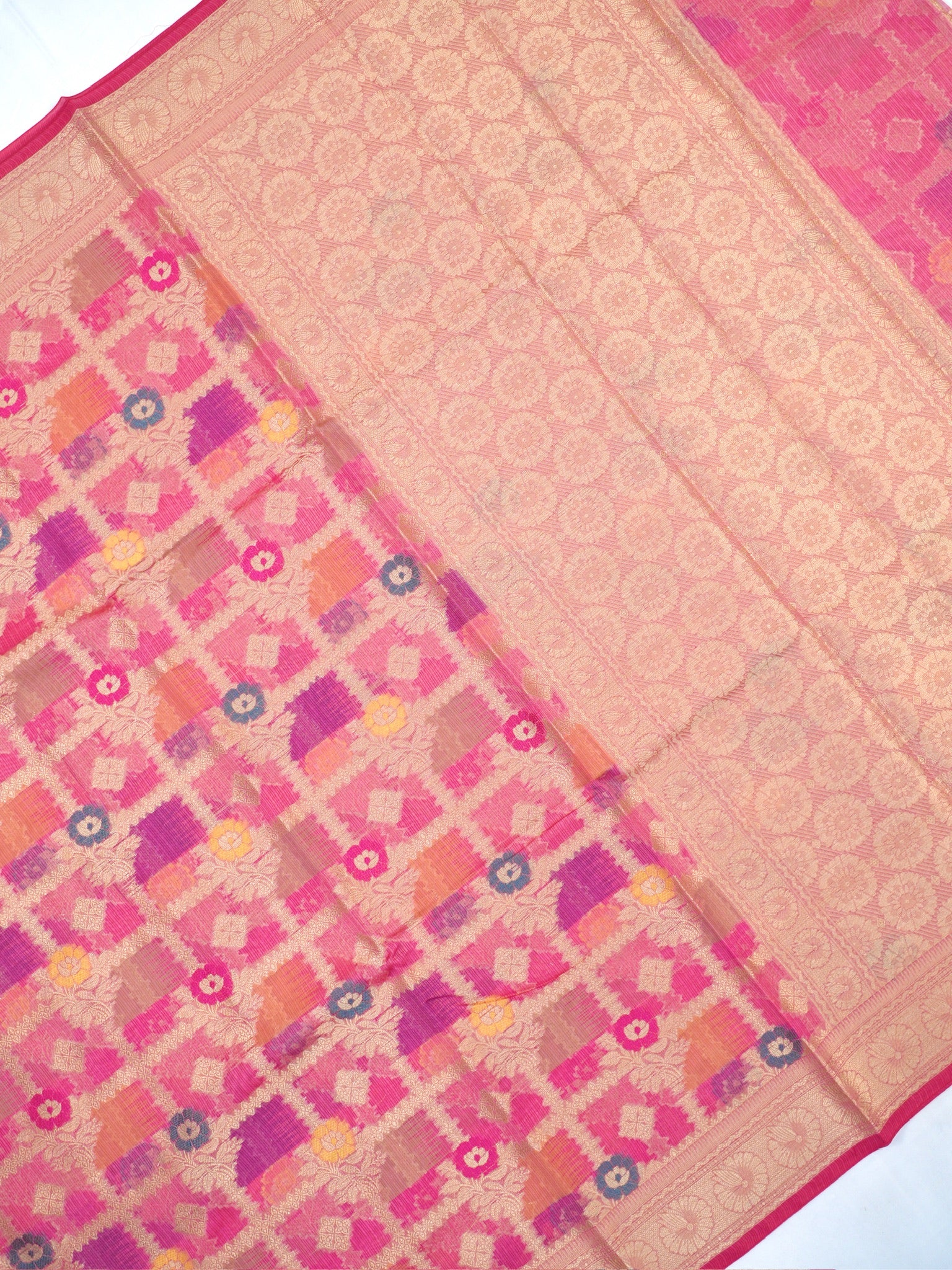 Rani Pink Banarasi Soft Kota Silk Saree with Geometric Check &amp; Floral Meenakari Weave