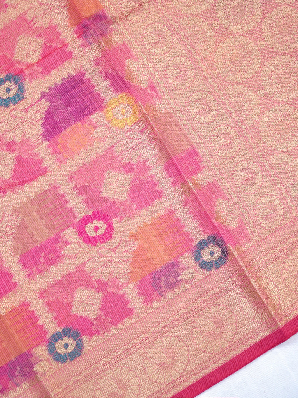 Rani Pink Banarasi Soft Kota Silk Saree with Geometric Check &amp; Floral Meenakari Weave