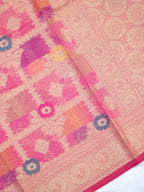 Rani Pink Banarasi Soft Kota Silk Saree with Geometric Check &amp; Floral Meenakari Weave