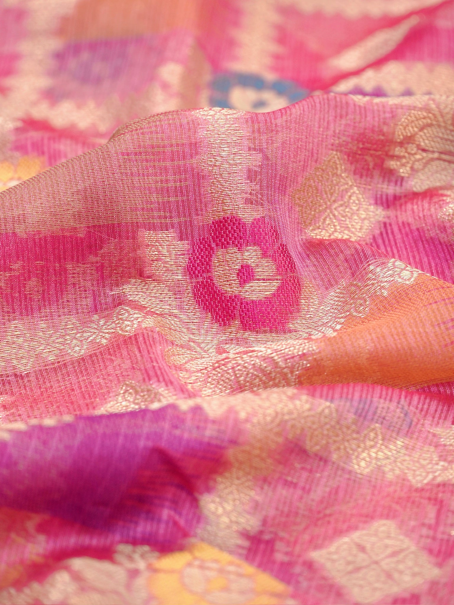 Rani Pink Banarasi Soft Kota Silk Saree with Geometric Check &amp; Floral Meenakari Weave