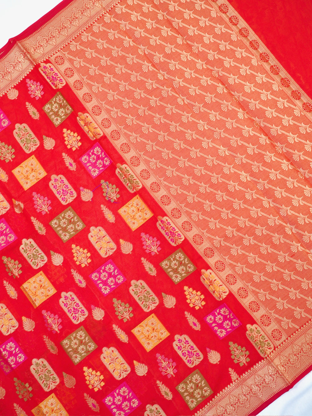 Red Banarasi Soft Kota Silk Saree with Meenakari Zari Motifs