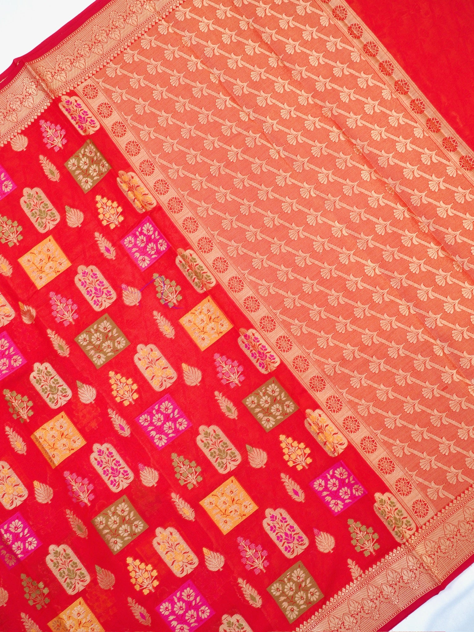 Red Banarasi Soft Kota Silk Saree with Meenakari Zari Motifs
