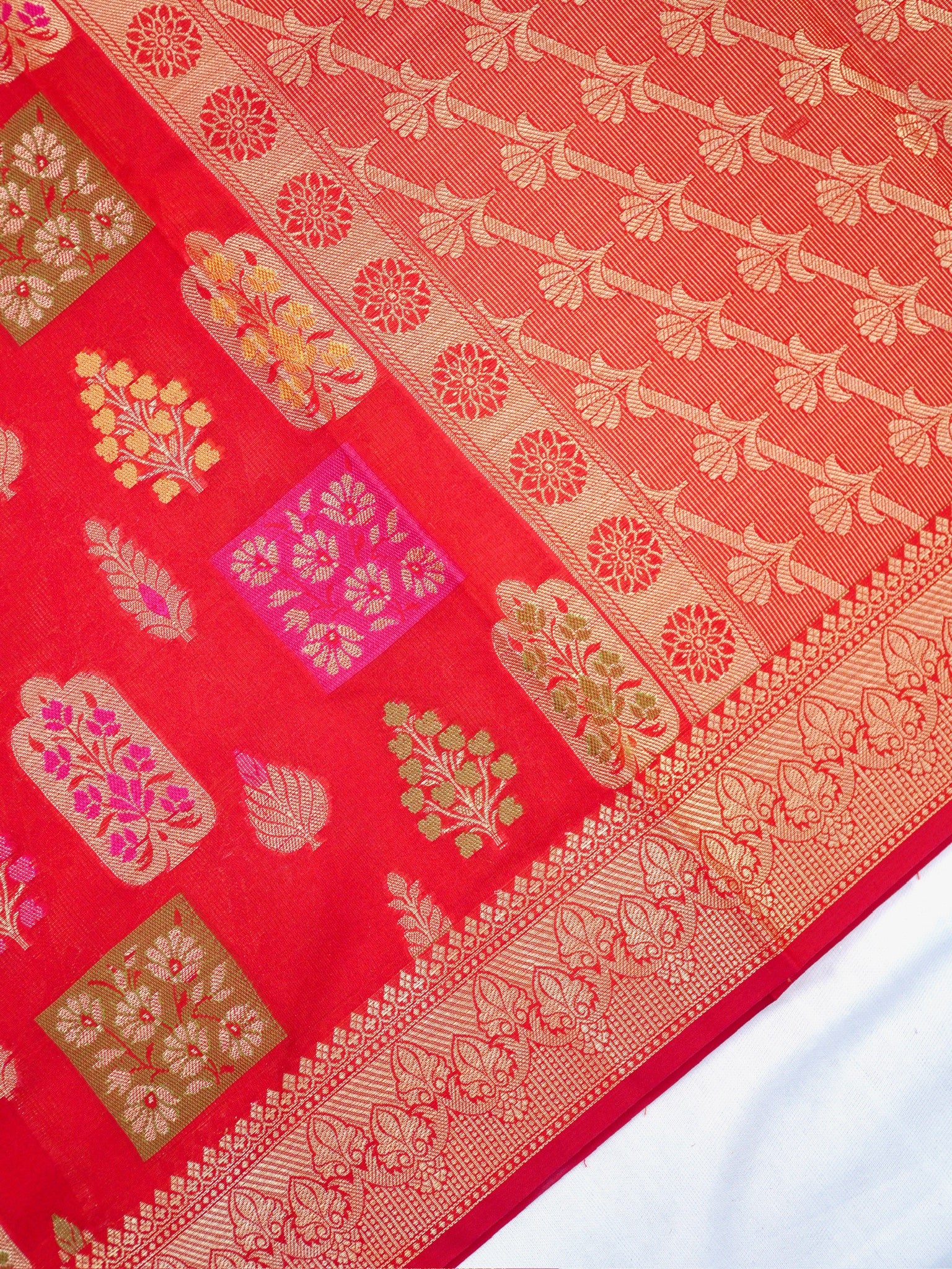 Red Banarasi Soft Kota Silk Saree with Meenakari Zari Motifs