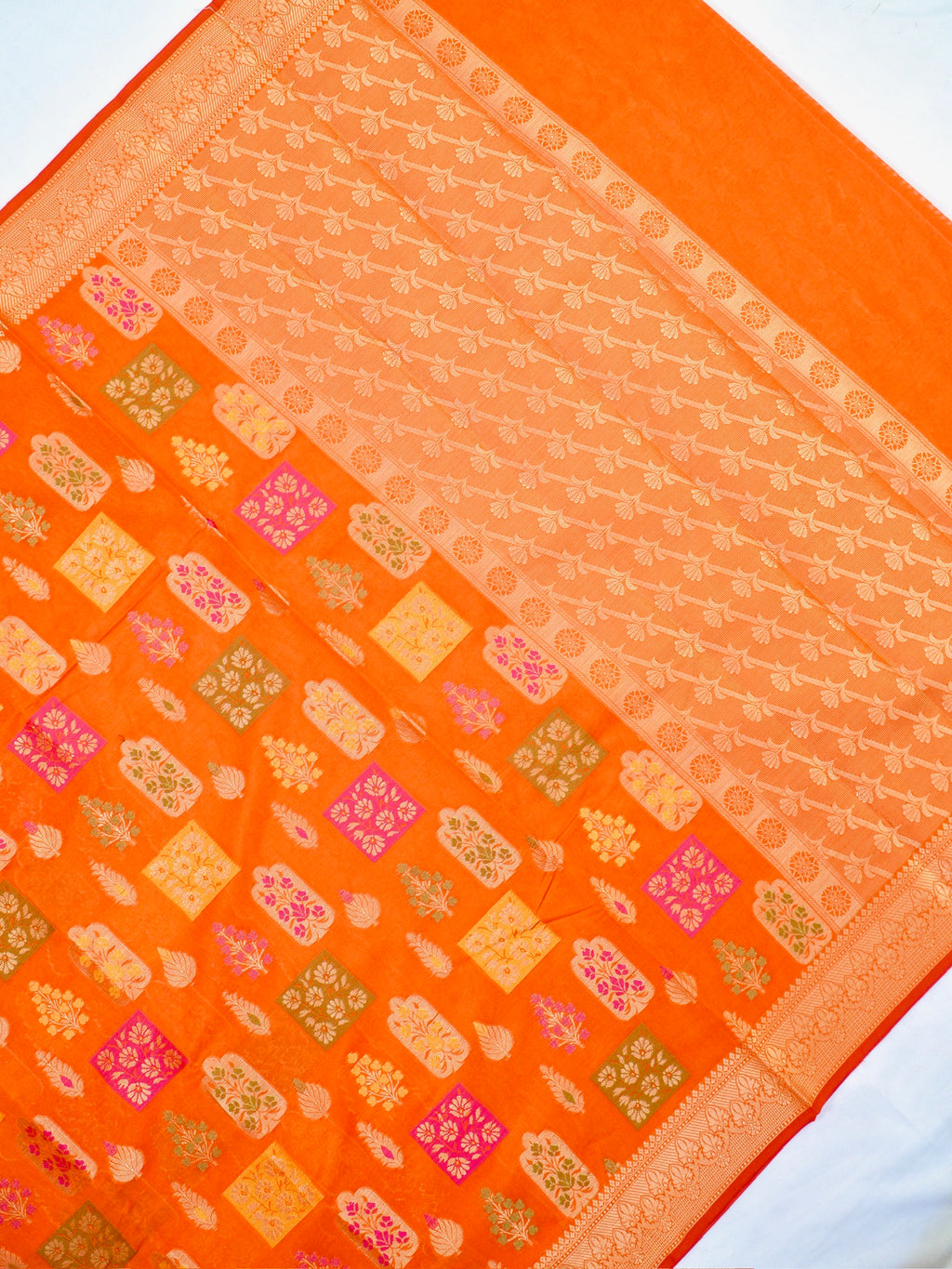 Vibrant Orange Banarasi Soft Kota Silk Saree with Meenakari Zari Buttis
