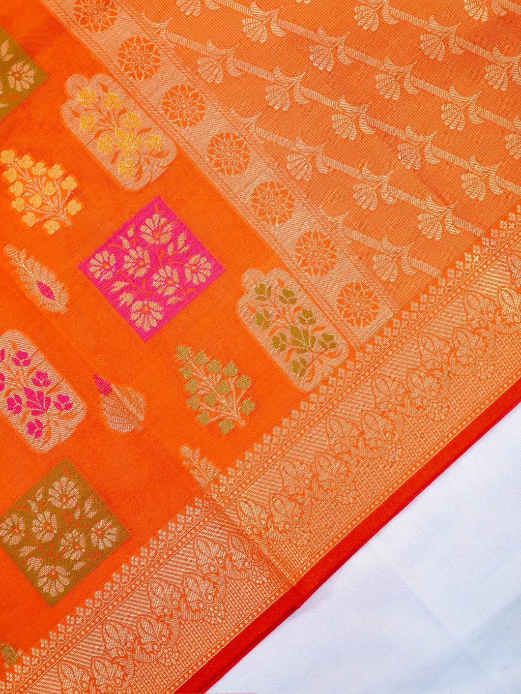 Vibrant Orange Banarasi Soft Kota Silk Saree with Meenakari Zari Buttis