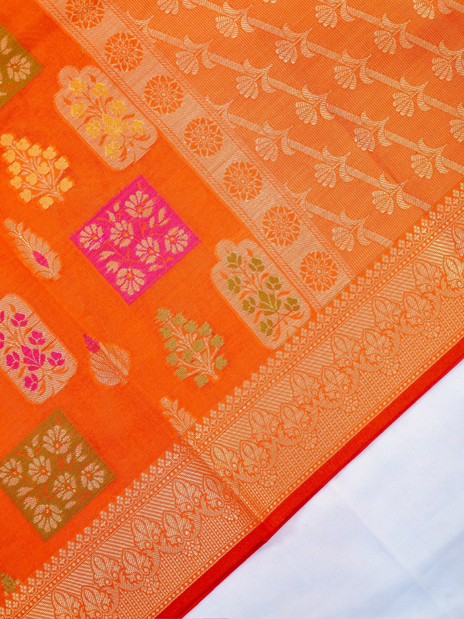Vibrant Orange Banarasi Soft Kota Silk Saree with Meenakari Zari Buttis