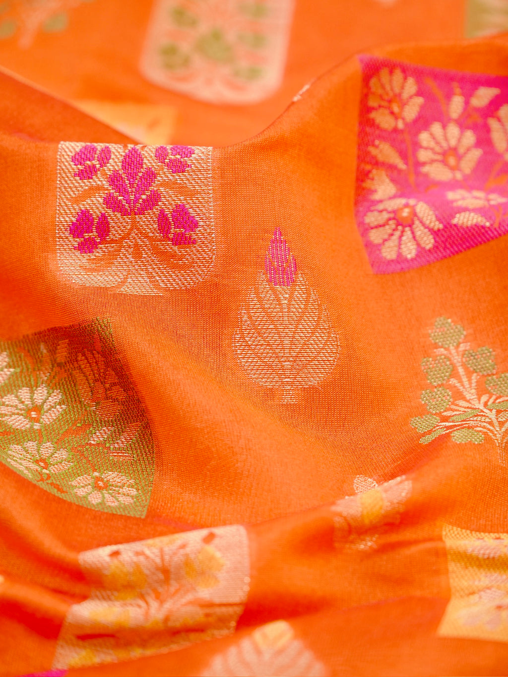 Vibrant Orange Banarasi Soft Kota Silk Saree with Meenakari Zari Buttis