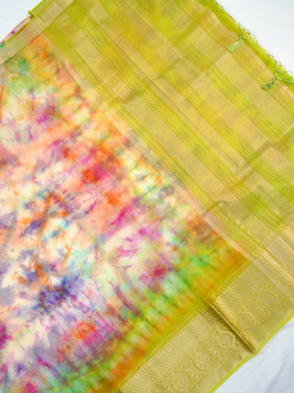 Multicolor Tie-Dye Printed Banarasi Soft Organza Silk Saree with Zari Border