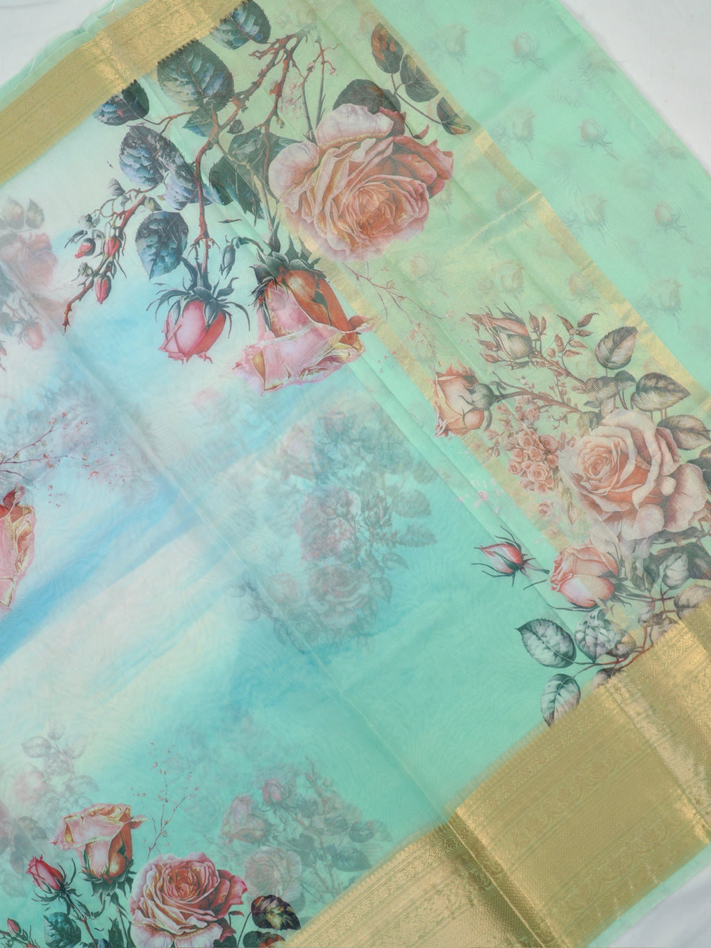 Sea Green & Sky Blue Floral Printed Banarasi Soft Organza Silk Saree with Zari Border