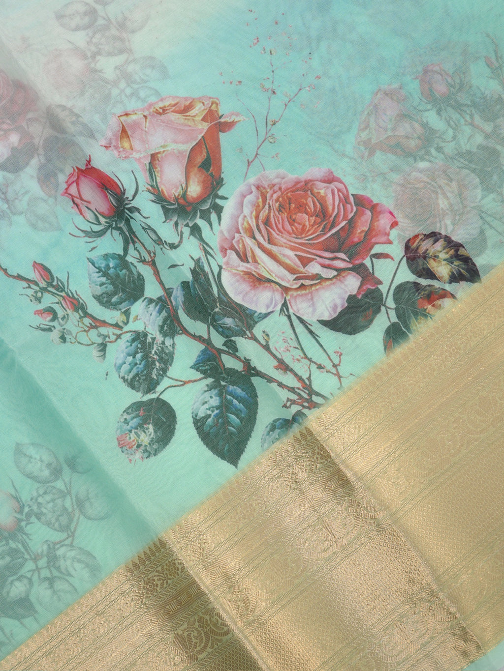 Sea Green & Sky Blue Floral Printed Banarasi Soft Organza Silk Saree with Zari Border
