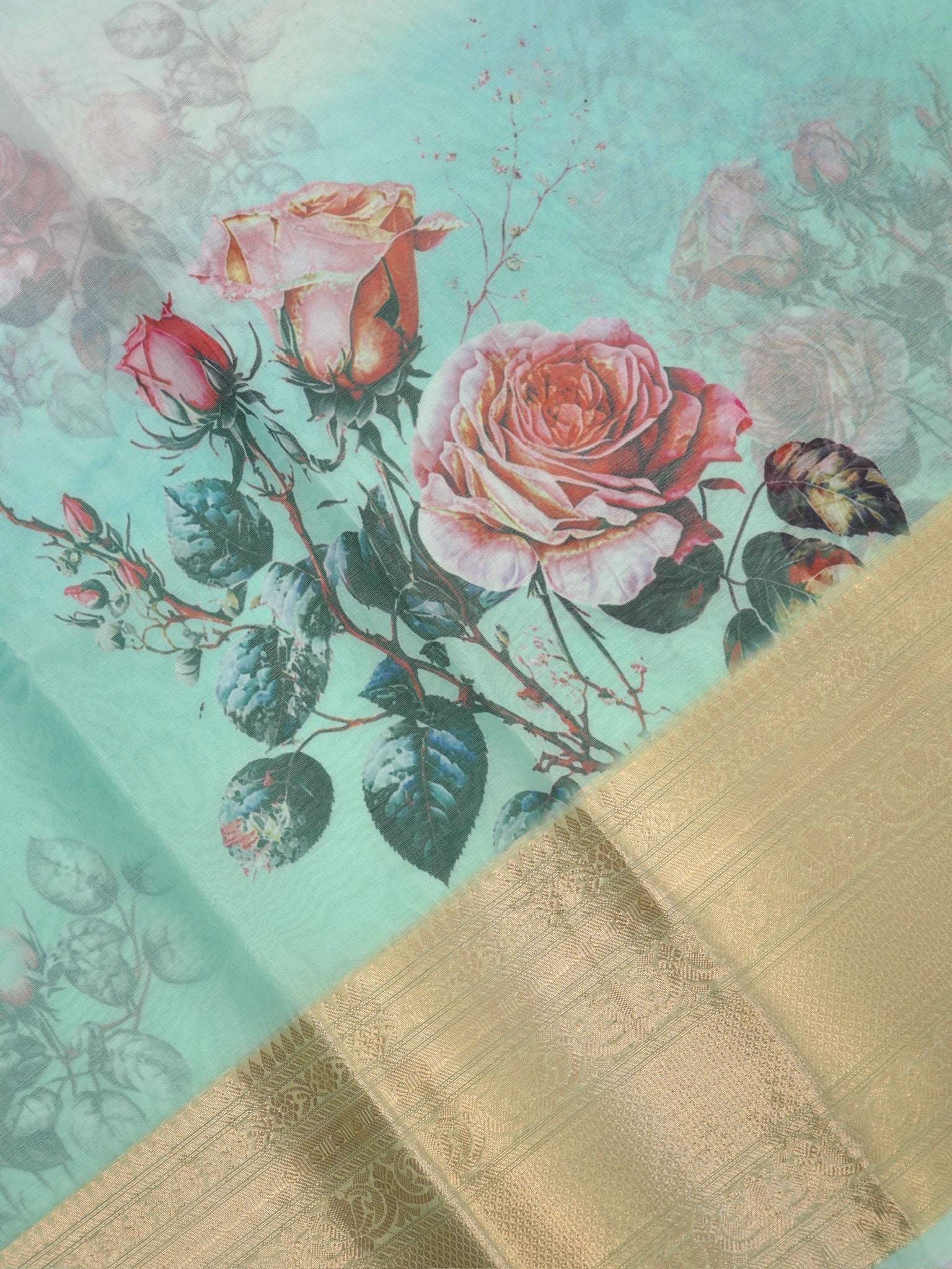 Sea Green & Sky Blue Floral Printed Banarasi Soft Organza Silk Saree with Zari Border