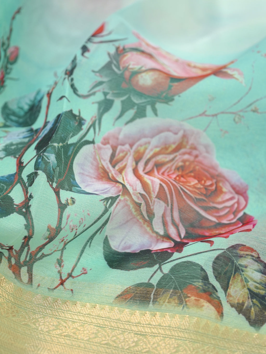 Sea Green & Sky Blue Floral Printed Banarasi Soft Organza Silk Saree with Zari Border