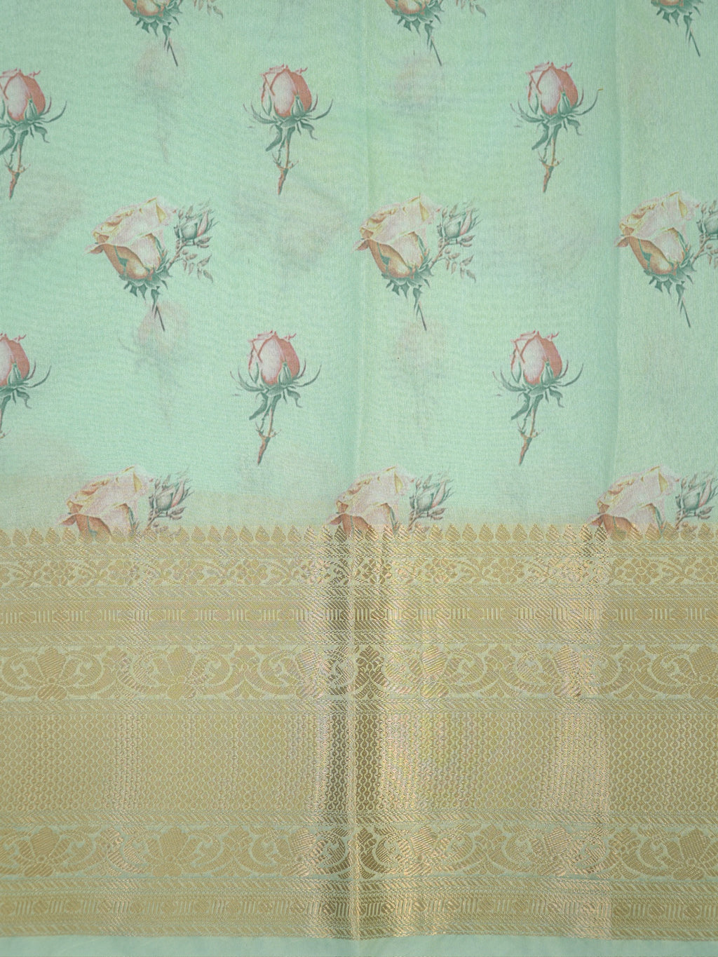 Sea Green & Sky Blue Floral Printed Banarasi Soft Organza Silk Saree with Zari Border