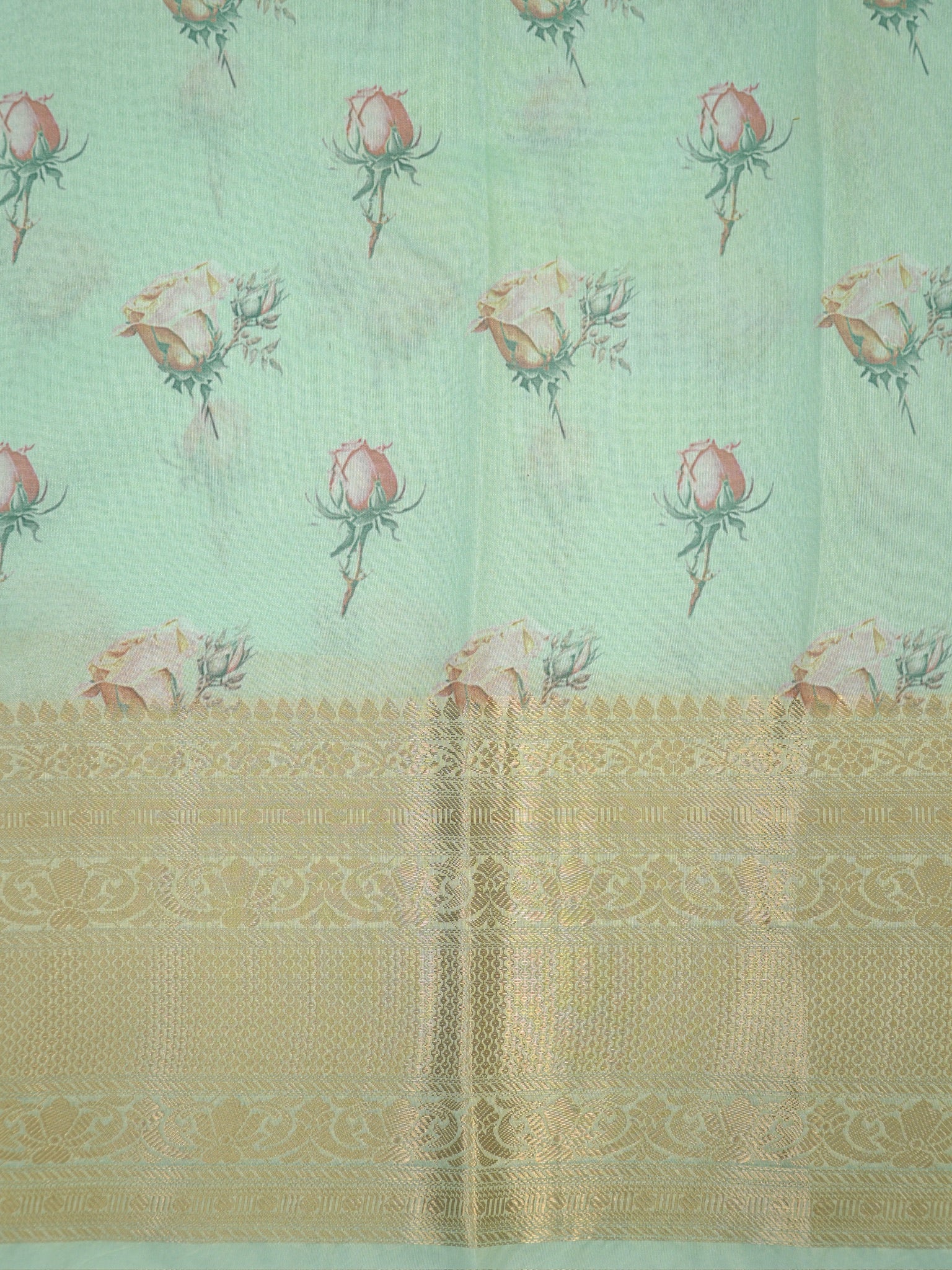 Sea Green & Sky Blue Floral Printed Banarasi Soft Organza Silk Saree with Zari Border