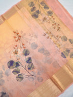 Peach & Yellow Floral Printed Banarasi Soft Organza Silk Saree with Zari Border