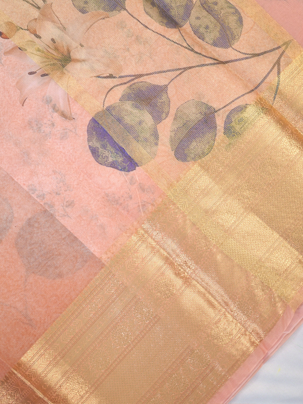 Peach & Yellow Floral Printed Banarasi Soft Organza Silk Saree with Zari Border