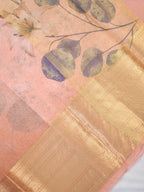 Peach & Yellow Floral Printed Banarasi Soft Organza Silk Saree with Zari Border
