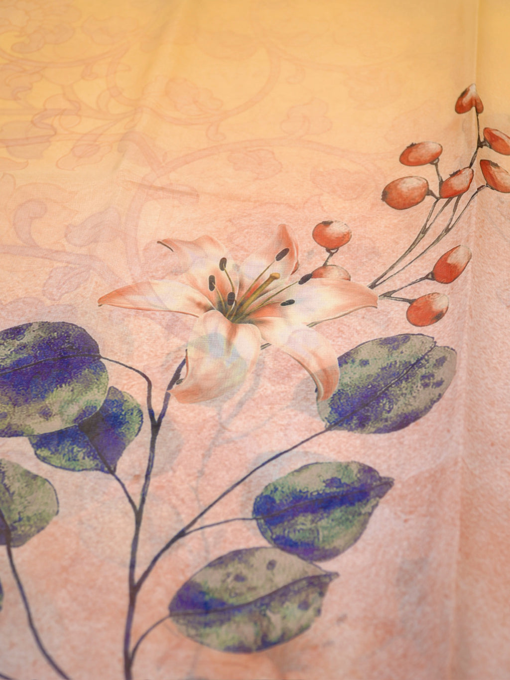 Peach & Yellow Floral Printed Banarasi Soft Organza Silk Saree with Zari Border