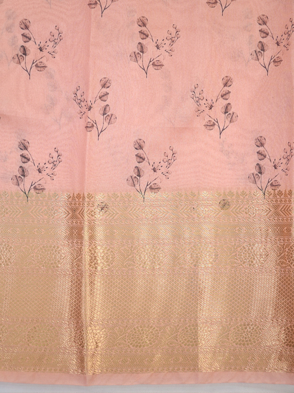 Peach & Yellow Floral Printed Banarasi Soft Organza Silk Saree with Zari Border
