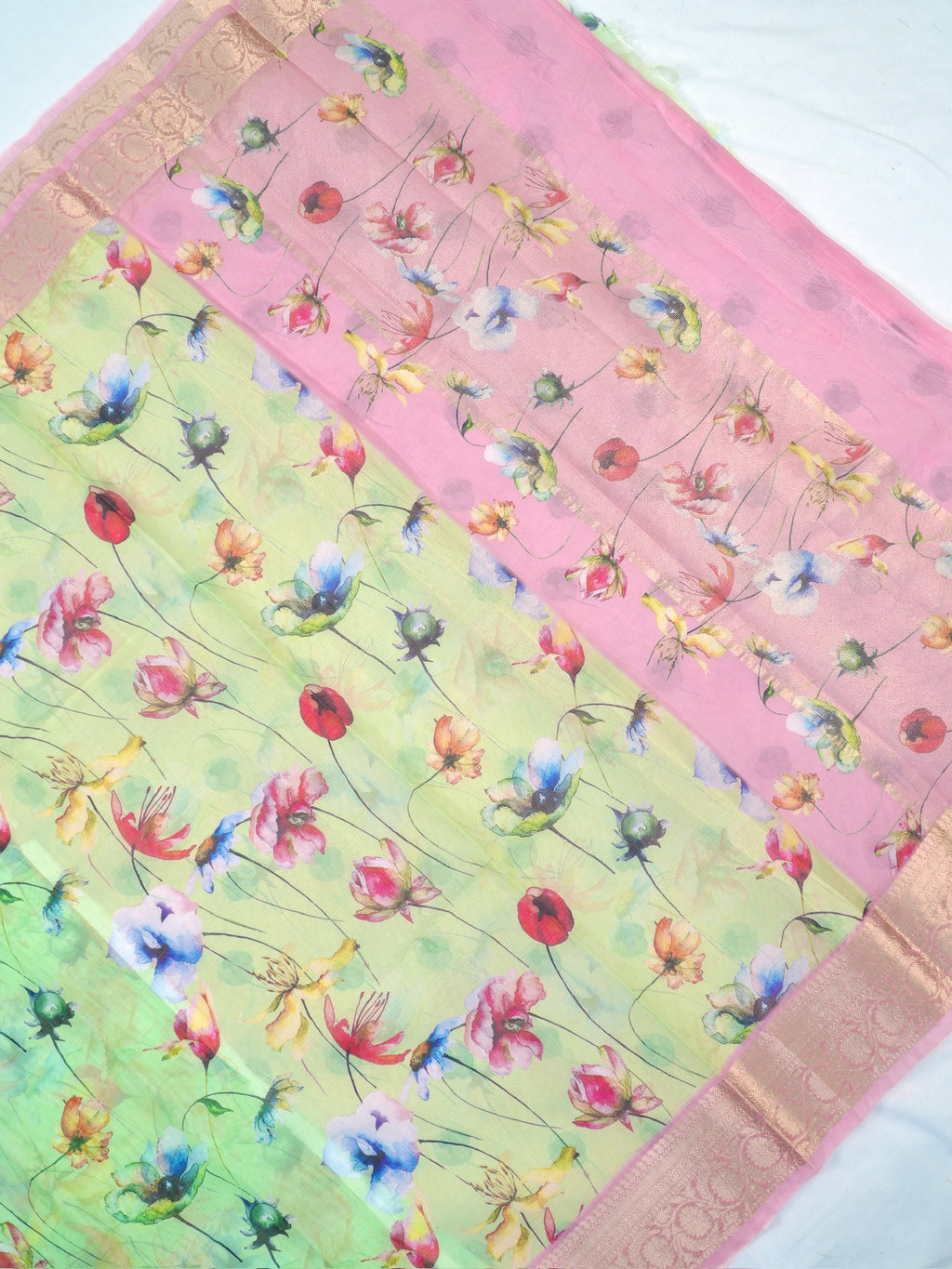 Multicolor Floral Printed Banarasi Soft Organza Silk Saree with Zari Border