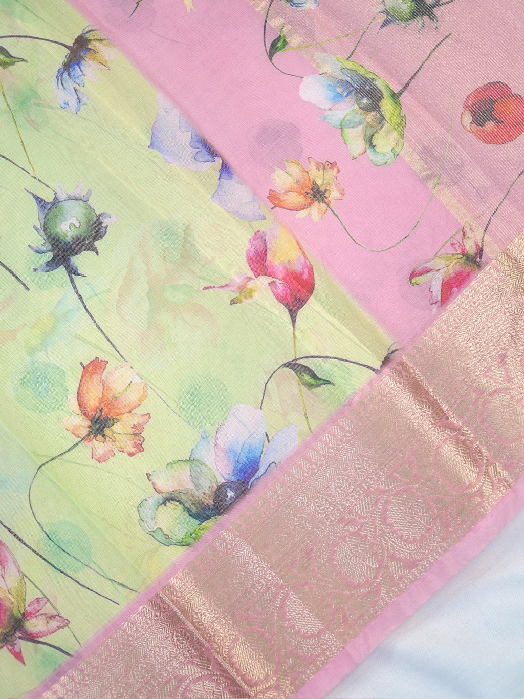 Multicolor Floral Printed Banarasi Soft Organza Silk Saree with Zari Border