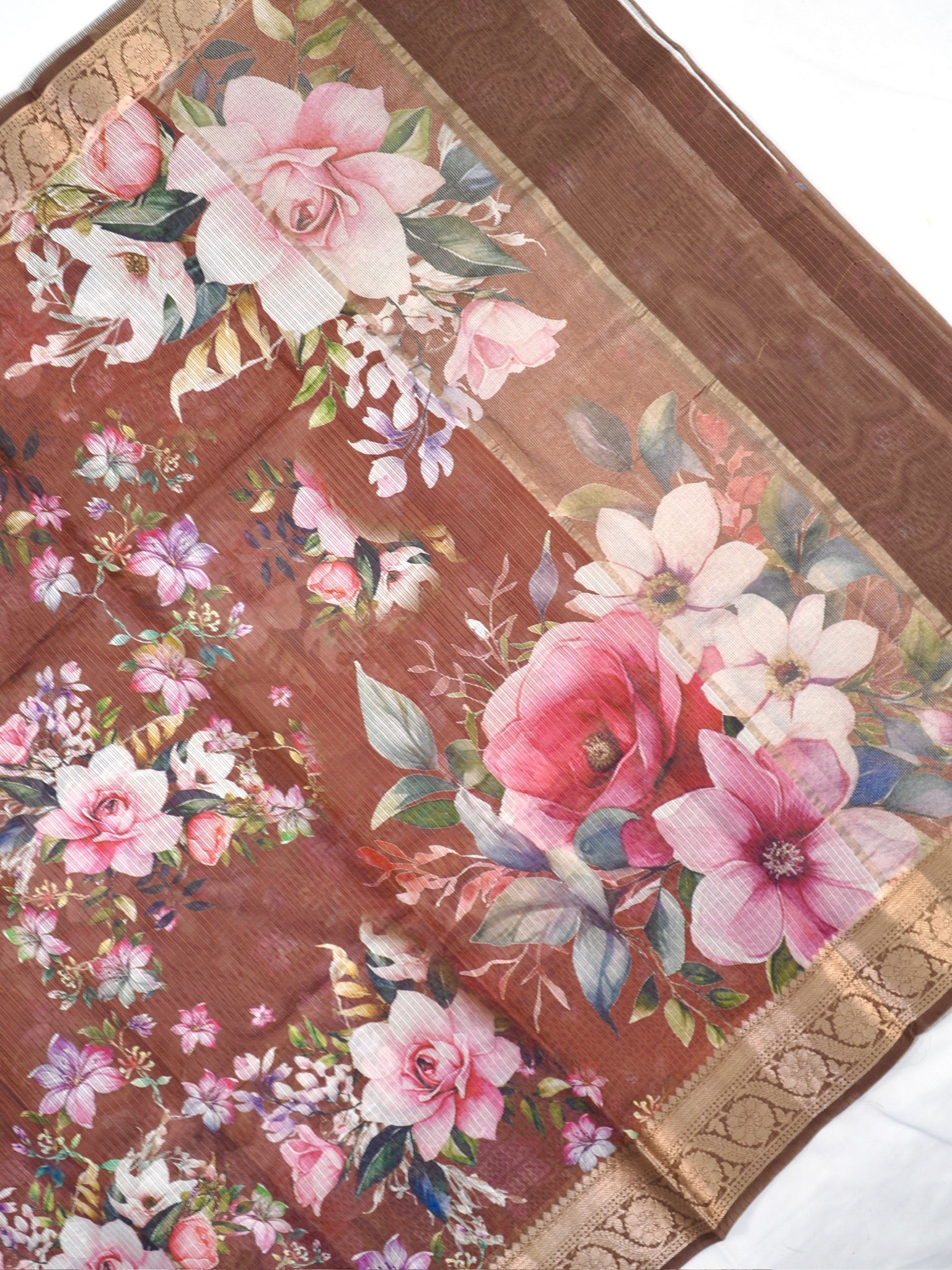 Rust Brown Floral Printed Banarasi Soft Silk Saree with Antique Gold Zari Border