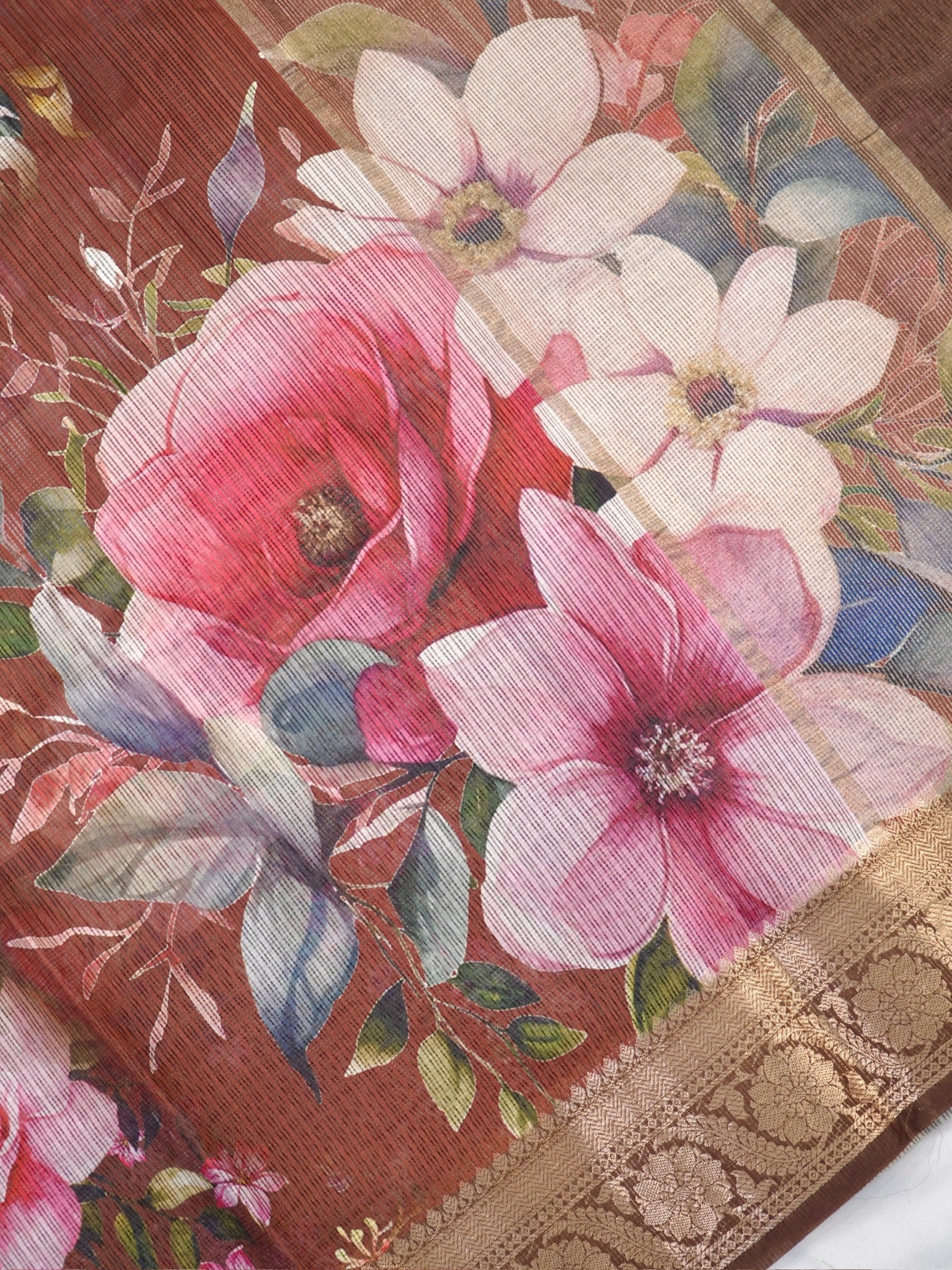 Rust Brown Floral Printed Banarasi Soft Silk Saree with Antique Gold Zari Border