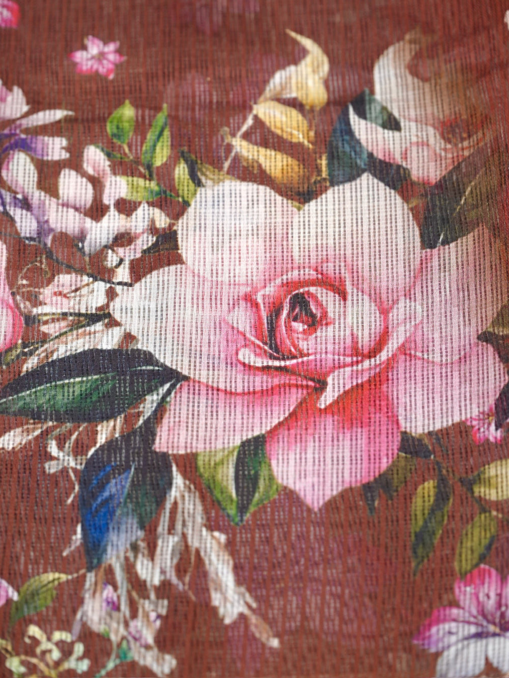 Rust Brown Floral Printed Banarasi Soft Silk Saree with Antique Gold Zari Border