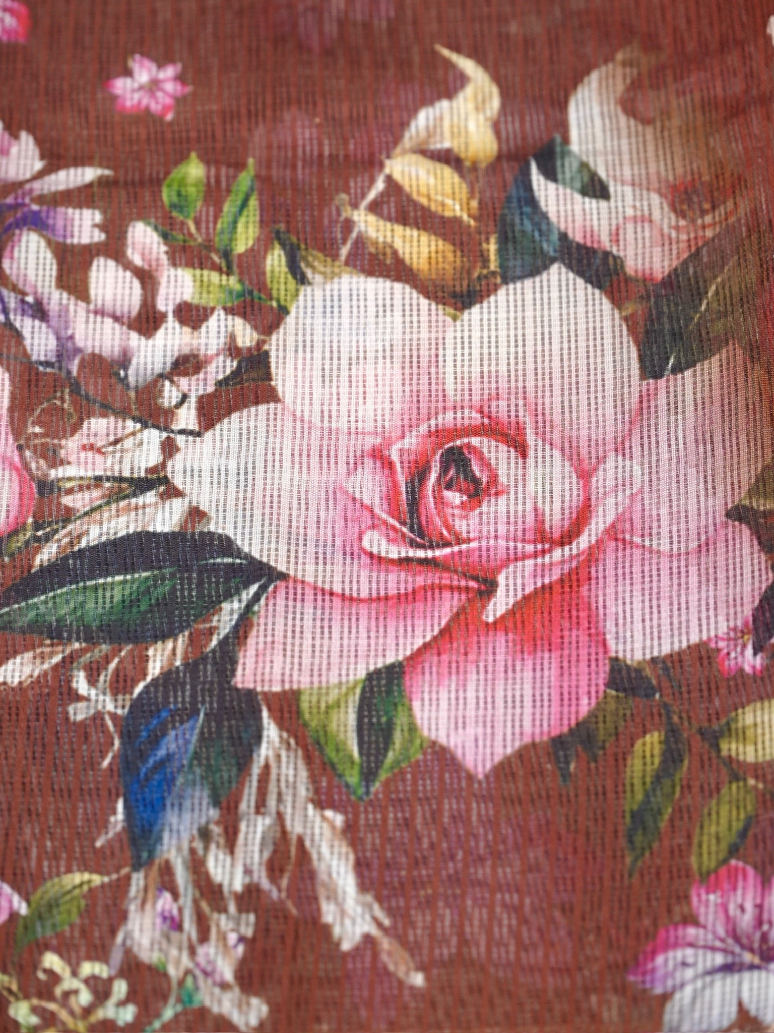 Rust Brown Floral Printed Banarasi Soft Silk Saree with Antique Gold Zari Border