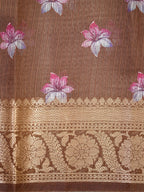 Rust Brown Floral Printed Banarasi Soft Silk Saree with Antique Gold Zari Border