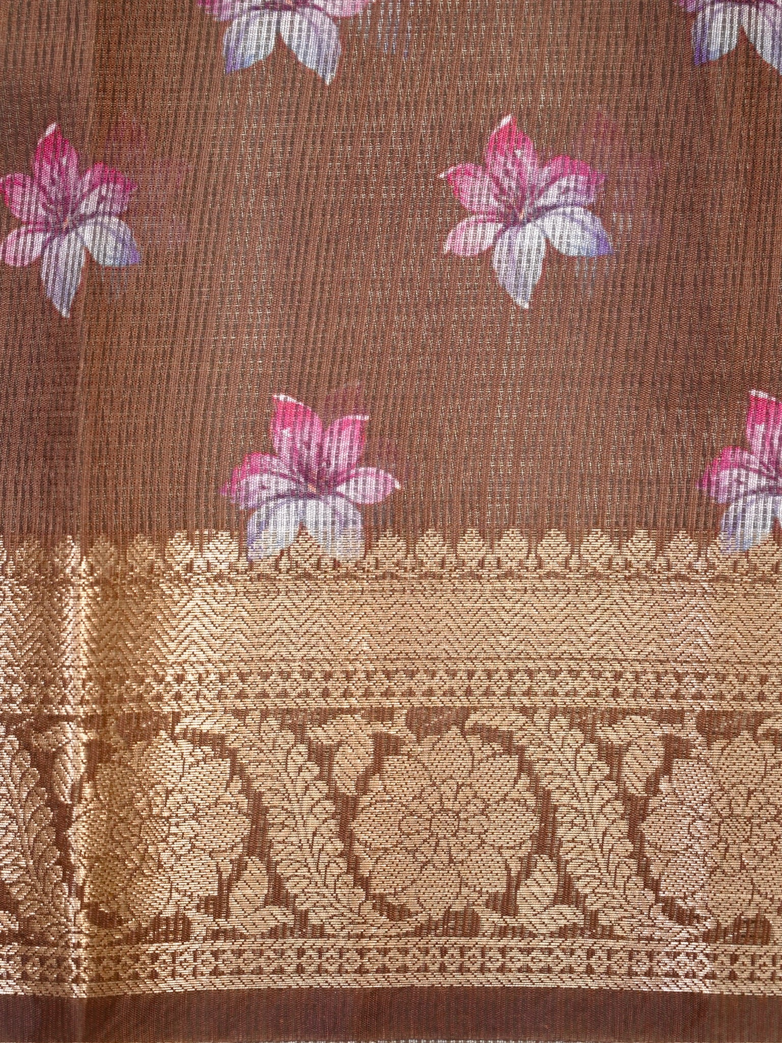 Rust Brown Floral Printed Banarasi Soft Silk Saree with Antique Gold Zari Border