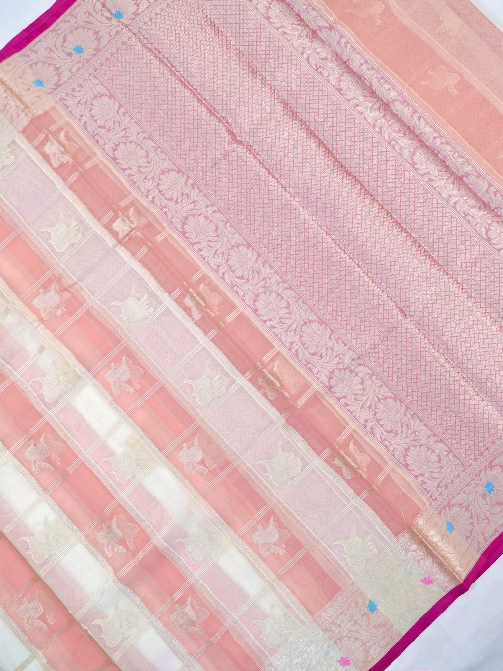 Peach Ivory Woven Checked Banarasi Soft Organza Silk Saree with Zari Border
