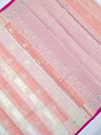 Peach Ivory Woven Checked Banarasi Soft Organza Silk Saree with Zari Border