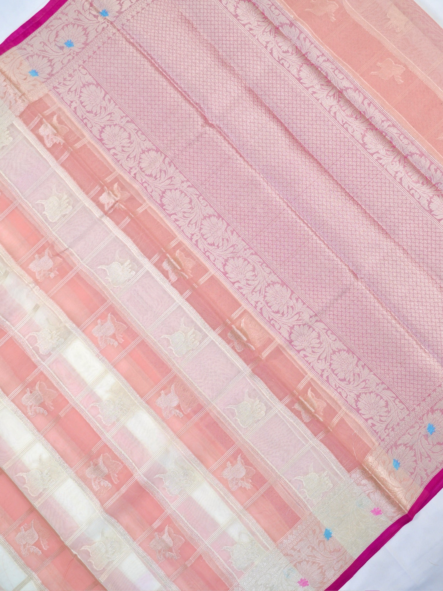 Peach Ivory Woven Checked Banarasi Soft Organza Silk Saree with Zari Border