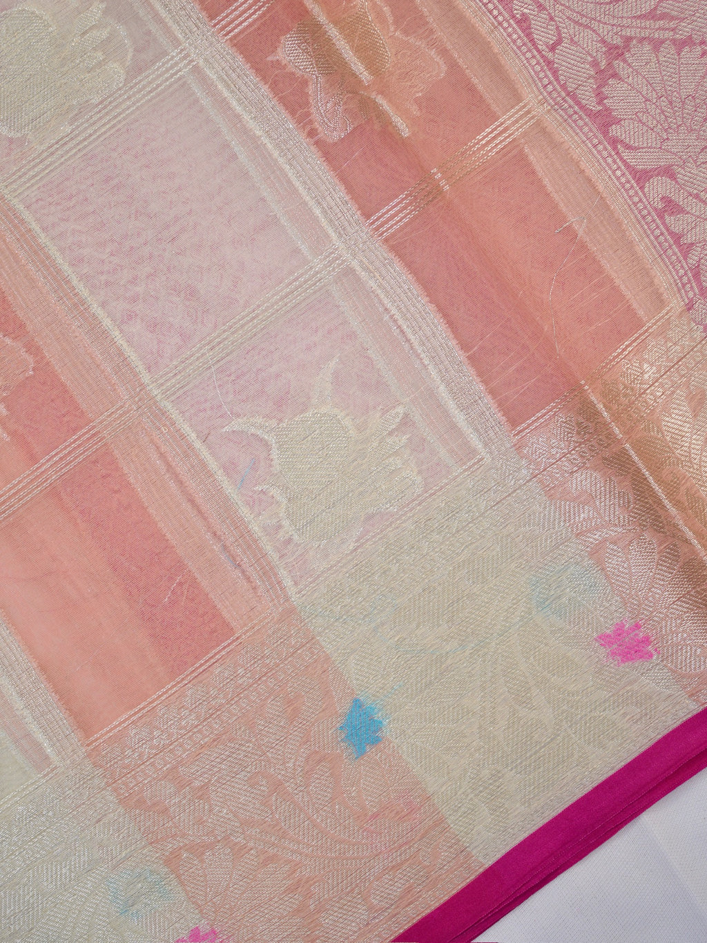 Peach Ivory Woven Checked Banarasi Soft Organza Silk Saree with Zari Border