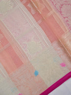 Peach Ivory Woven Checked Banarasi Soft Organza Silk Saree with Zari Border