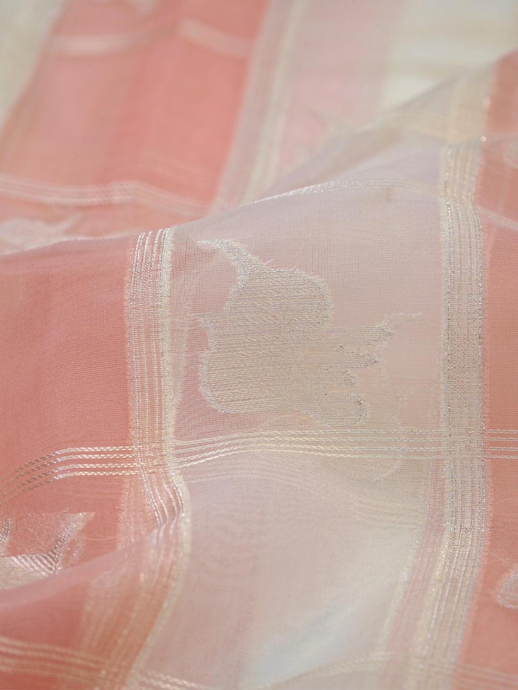 Peach Ivory Woven Checked Banarasi Soft Organza Silk Saree with Zari Border