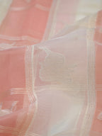 Peach Ivory Woven Checked Banarasi Soft Organza Silk Saree with Zari Border