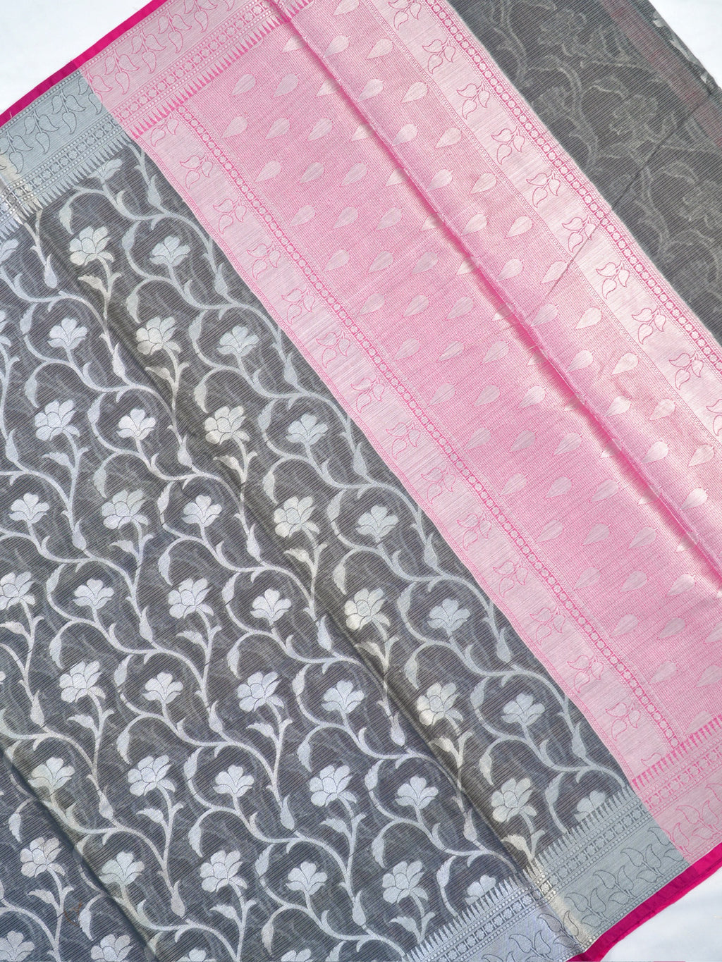 Charcoal Grey & Baby Pink Woven Jaal Banarasi Soft Silk Saree