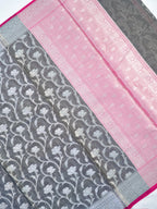 Charcoal Grey & Baby Pink Woven Jaal Banarasi Soft Silk Saree
