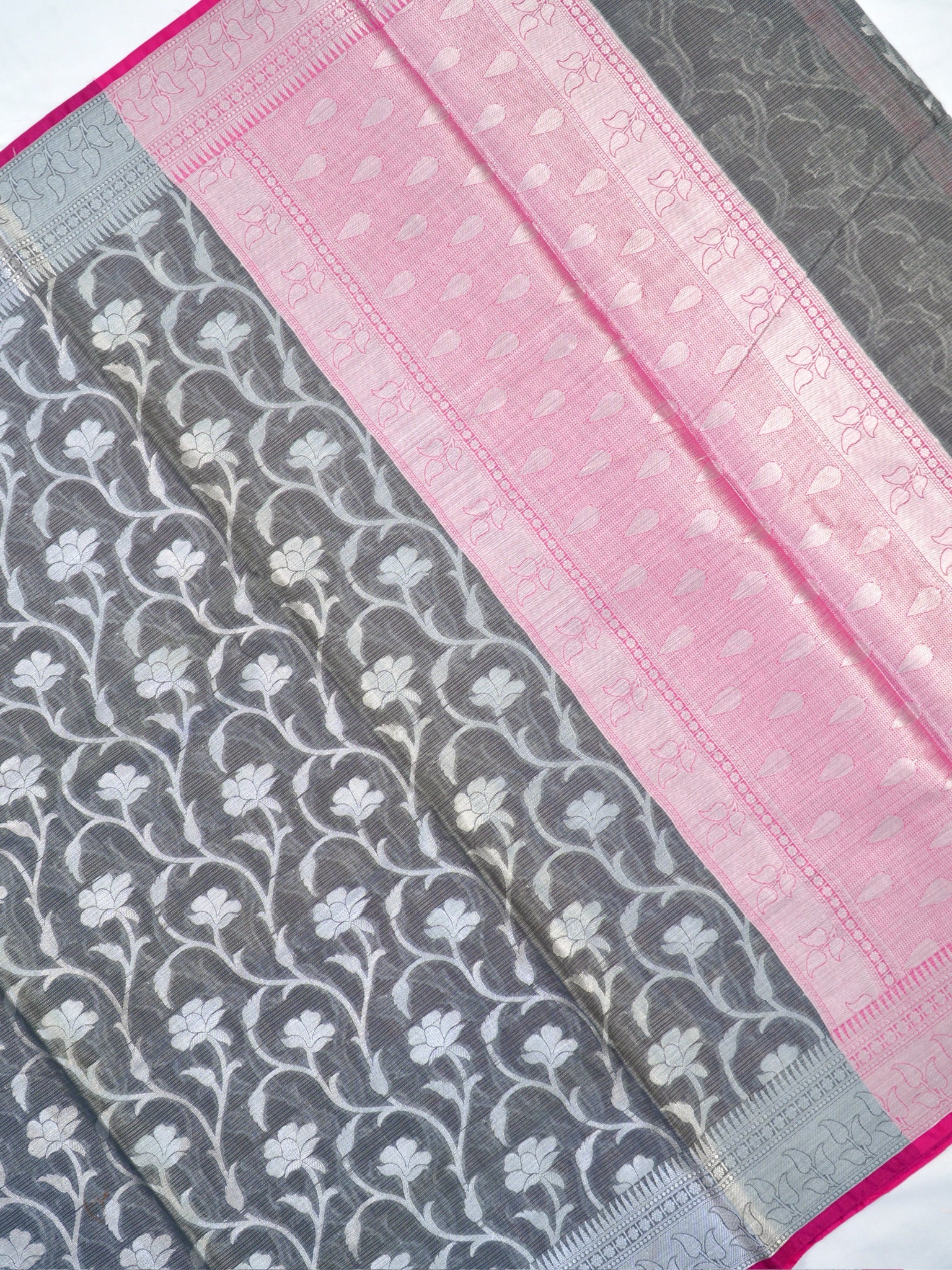 Charcoal Grey & Baby Pink Woven Jaal Banarasi Soft Silk Saree