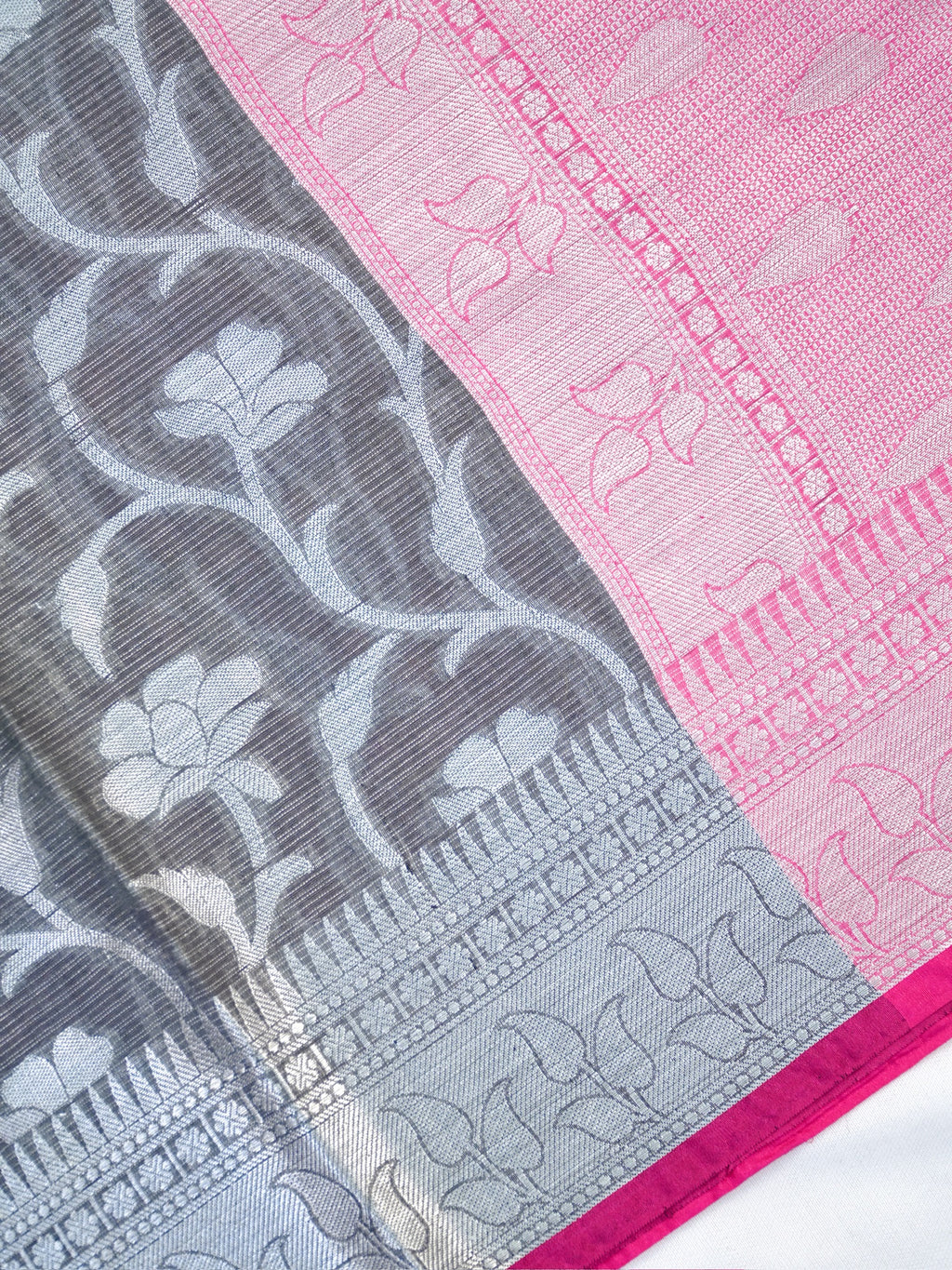 Charcoal Grey & Baby Pink Woven Jaal Banarasi Soft Silk Saree