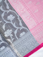 Charcoal Grey & Baby Pink Woven Jaal Banarasi Soft Silk Saree