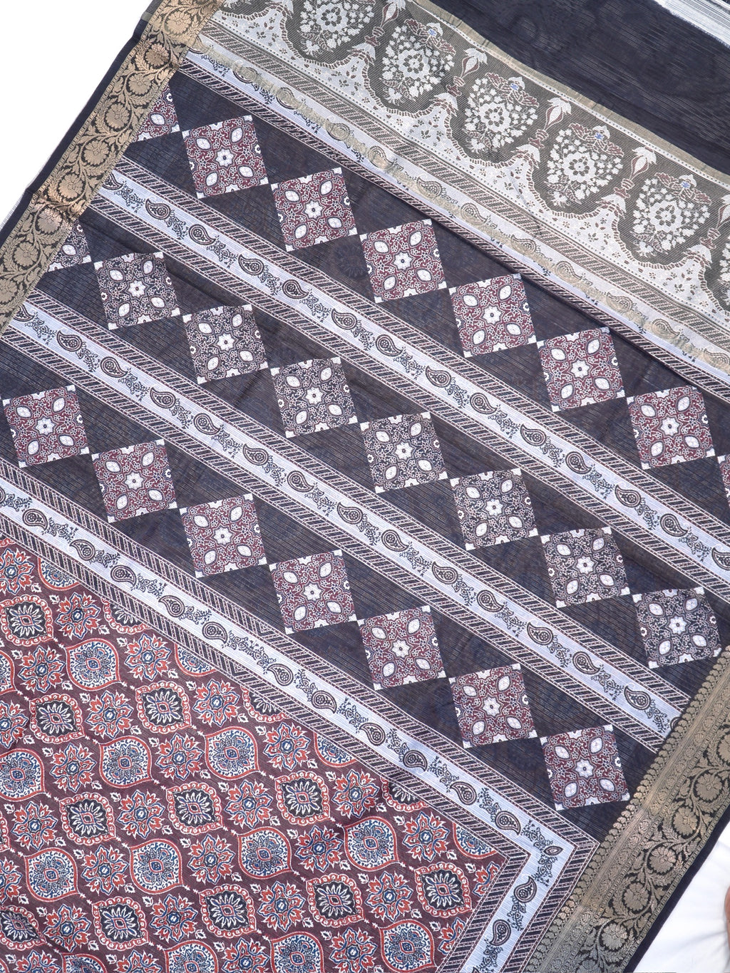 Crimson Ajrakh Printed Banarasi Soft Silk Saree with Antique Zari Border