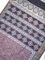 Crimson Ajrakh Printed Banarasi Soft Silk Saree with Antique Zari Border