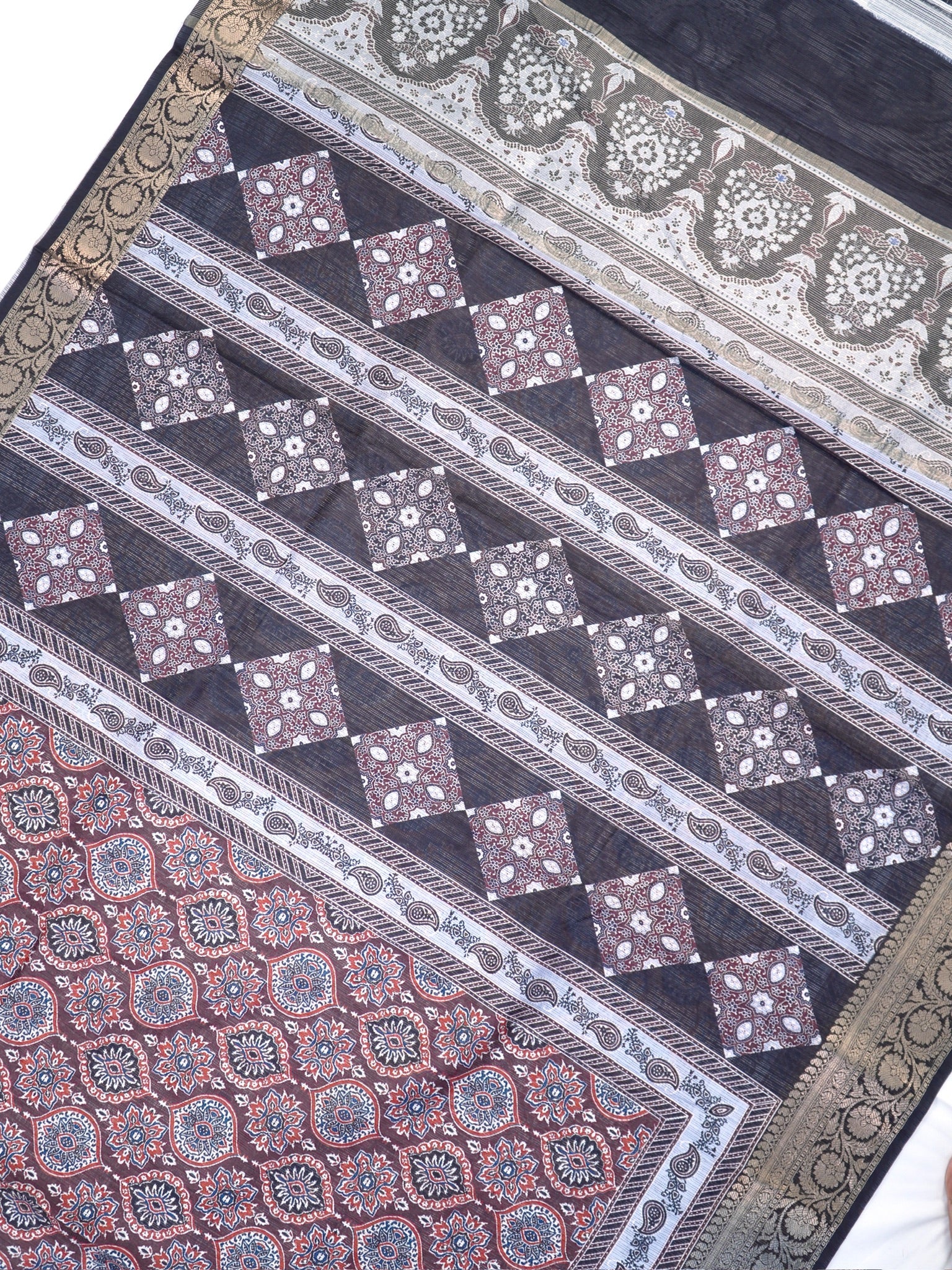 Crimson Ajrakh Printed Banarasi Soft Silk Saree with Antique Zari Border