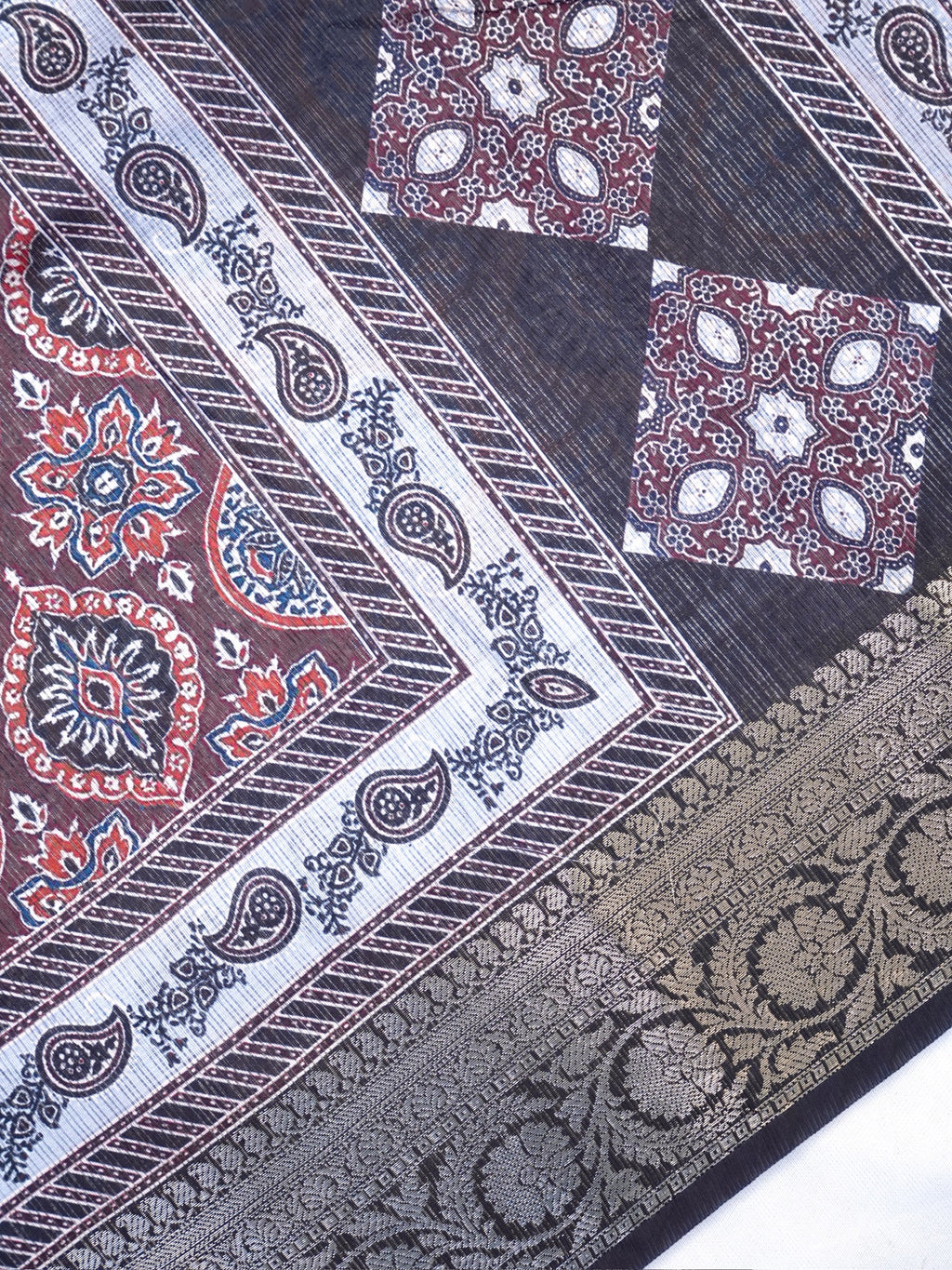 Crimson Ajrakh Printed Banarasi Soft Silk Saree with Antique Zari Border