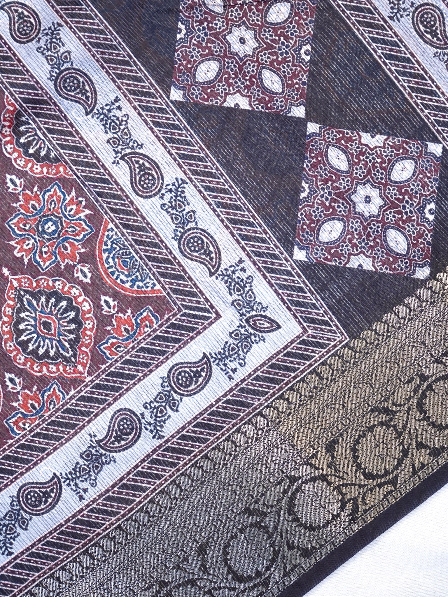 Crimson Ajrakh Printed Banarasi Soft Silk Saree with Antique Zari Border