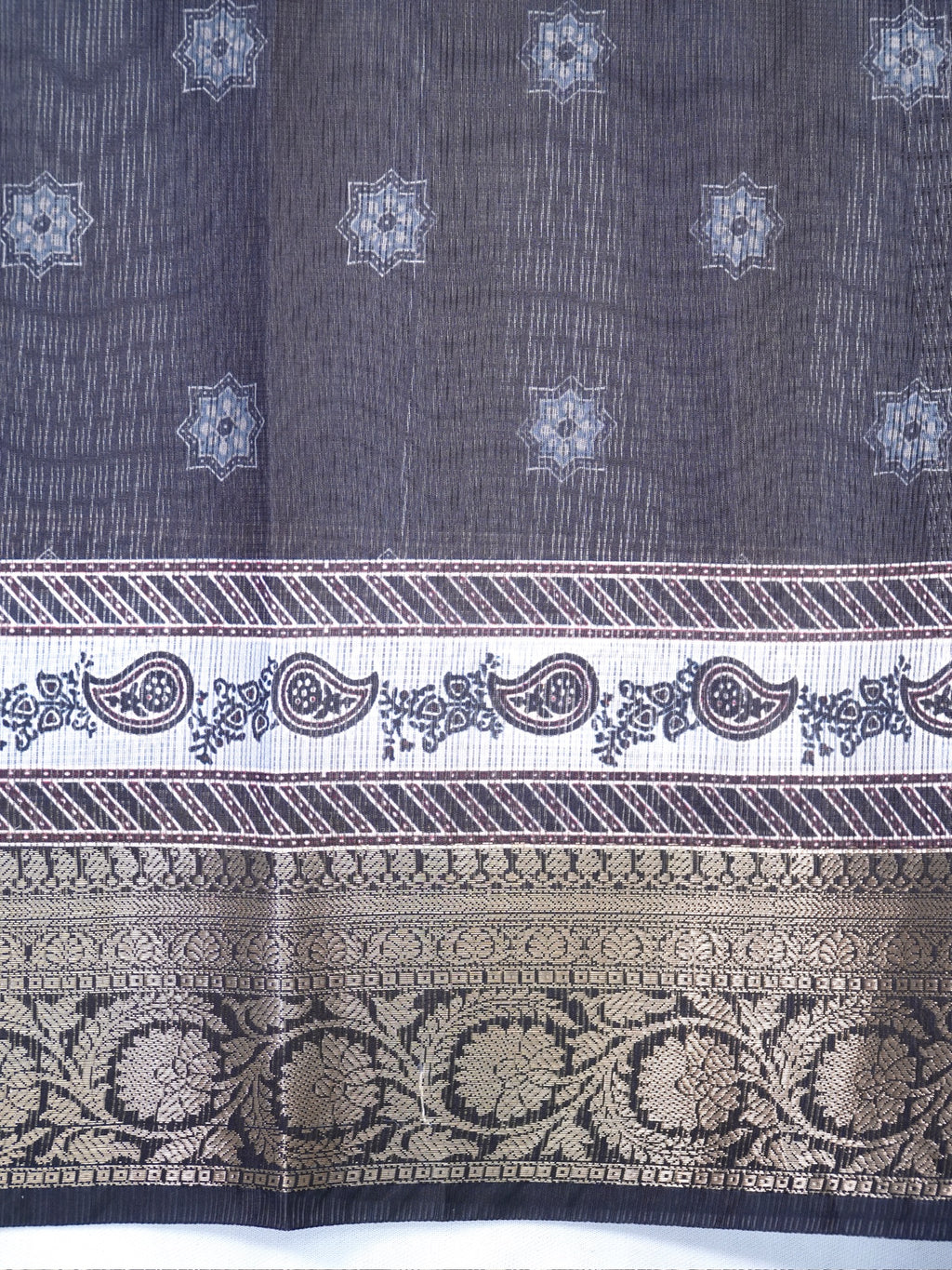 Crimson Ajrakh Printed Banarasi Soft Silk Saree with Antique Zari Border