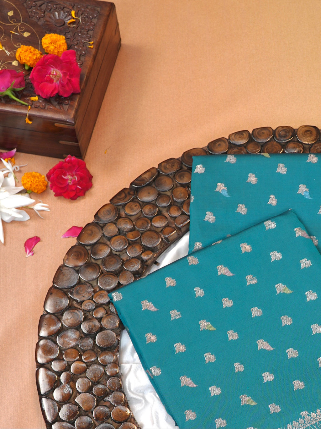Teal Blue Banarasi Semi Katan Soft Silk Saree